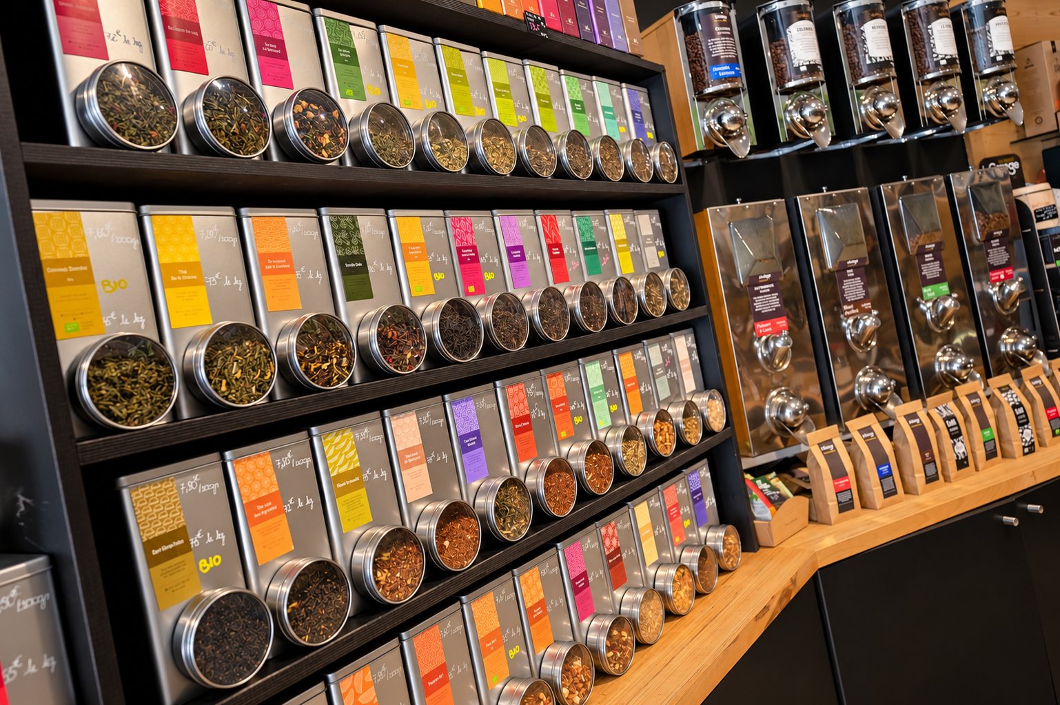 Dans une boutique de thé, des étagères sombres présentent des boîtes métalliques ouvertes remplies de thés en vrac, à côté de distributeurs en inox et de sachets kraft sur un comptoir en bois.