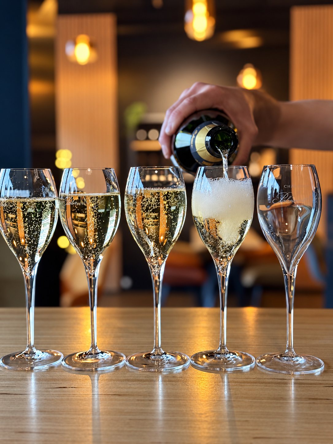 Une main verse du champagne dans l'une des cinq flûtes alignées sur un comptoir en bois, dans un cadre chaleureux et lumineux.